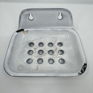 Antique Enamel 2 Piece Ware soap dish Blue White Primitive Farmhouse Victorian